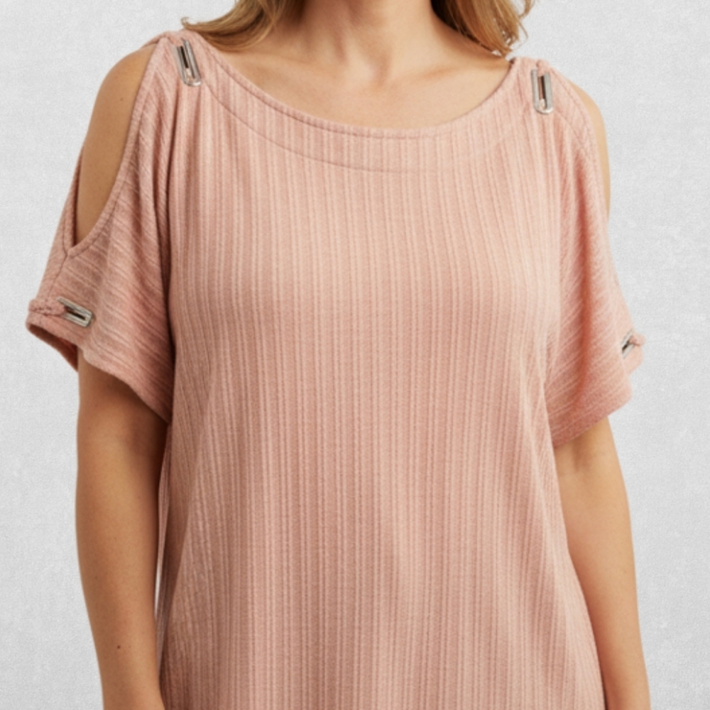 Cold-Shoulder Ribbed Knit Blouse in Blush Pink